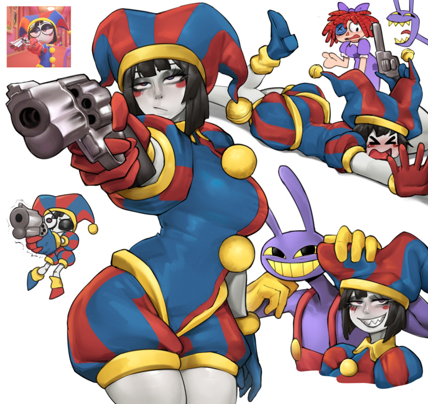 1boy, 2girls, alternate_breast_size_(larger), asymmetrical_gloves, colored_teeth, commentary, derivative_work, english_commentary, gloves, gun, hannesfkr, hat, hat_bell, highres, holding, holding_gun, holding_weapon, implied_tripped, jax_(the_amazing_digital_circus), jester, jester_cap, jester_costume, mismatched_gloves, multicolored_eyes, multicolored_hat, multiple_girls, multiple_views, pomni_(the_amazing_digital_circus), ragatha_(the_amazing_digital_circus), revolver, screenshot_inset, screenshot_redraw, sharp_teeth, solo_focus, striped_clothes, striped_headwear, teeth, the_amazing_digital_circus, two-tone_eyes, vertical-striped_clothes, vertical-striped_headwear, weapon, white_background, yellow_teeth