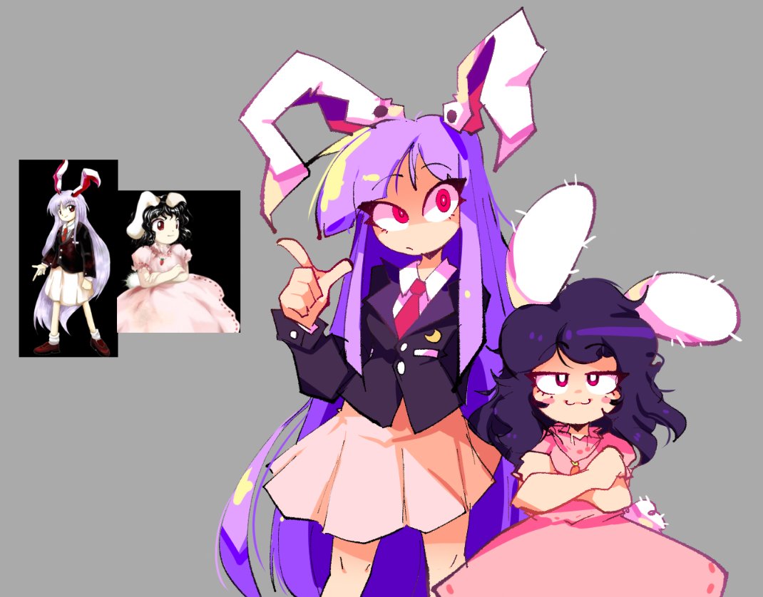 2girls, animal_ears, black_hair, carrot_necklace, crescent, crescent_pin, crossed_arms, dress