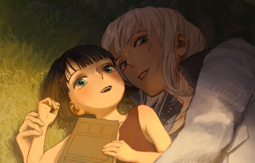2girls, affectionate, black_hair, blue_eyes, blunt_bangs, blush, book, commentary_request