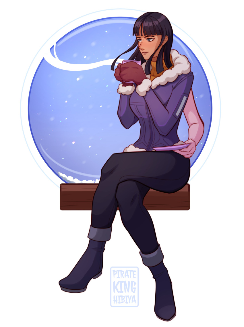 1girl, absurdres, black_hair, blunt_bangs, blunt_ends, coat, commentary, crossed_legs, cup, english_commentary, extra_arms, fur-trimmed_coat, fur_trim, highres, holding, holding_cup, light_smile, looking_to_the_side, nico_robin, one_piece, pants, pkhibiya, purple_coat, sitting, smoke, snowing, solo, striped_clothes, turtleneck, vertical-striped_clothes, watermark