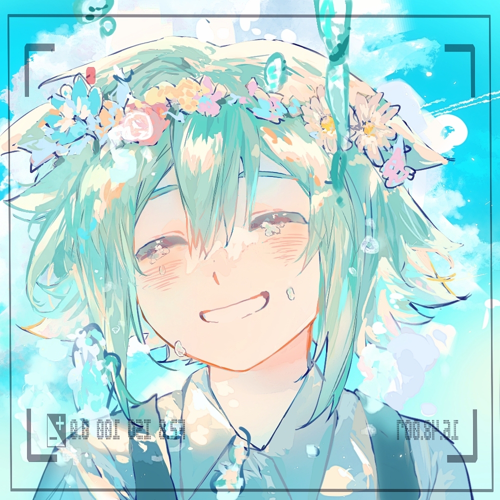 1boy, ^_^, aqua_shirt, basil_(headspace)_(omori), basil_(omori), blue_sky, blush, closed_eyes