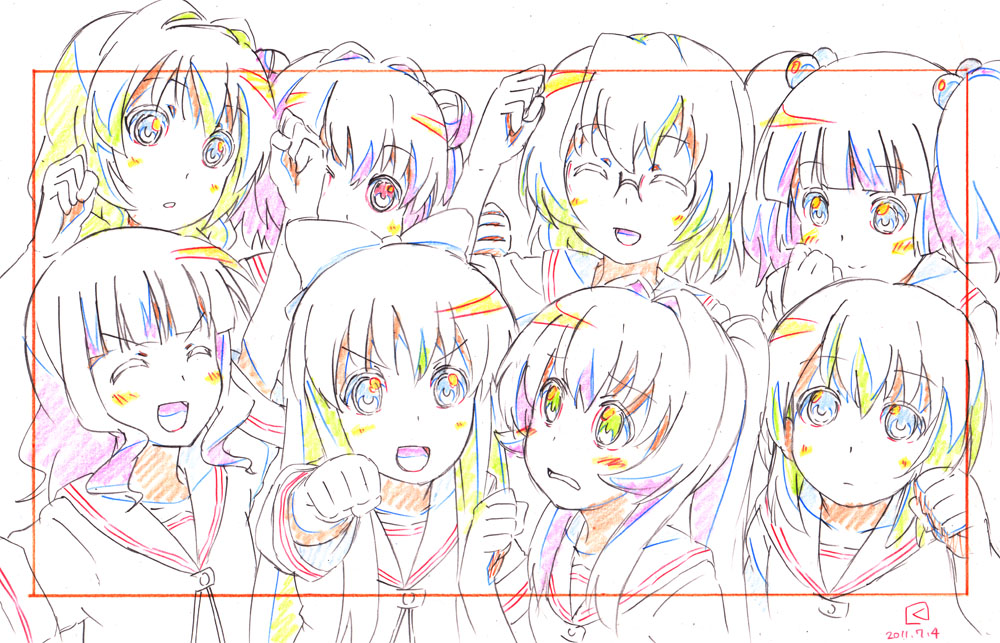 :d, akaza_akari, bow, closed_eyes, color_trace, colored_pencil_(medium), double_bun, everyone