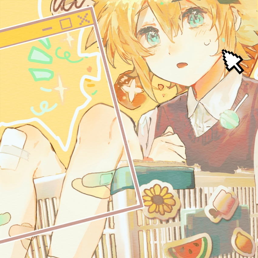 1boy, bandaid, bandaid_on_leg, basil_(faraway)_(omori), basil_(omori), black_sweater_vest, blonde_hair, blue_eyes