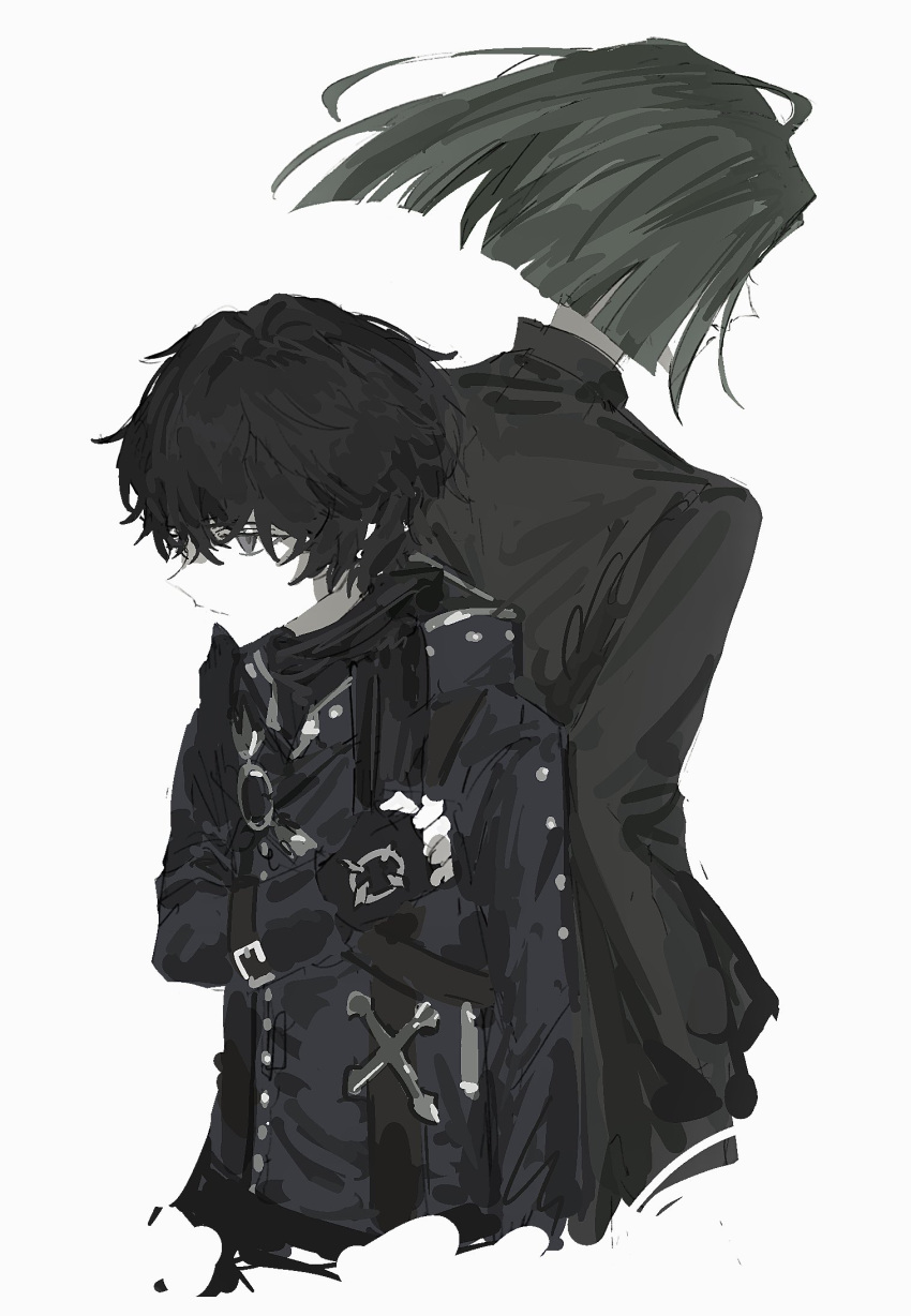 1boy, 1girl, back-to-back, black_eyes, black_gloves, black_hair, closed_mouth, expressionless