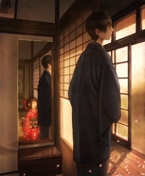 brown_eyes, brown_hair, child, closed_eyes, different_reflection, drawer, eyes_closed, furisode