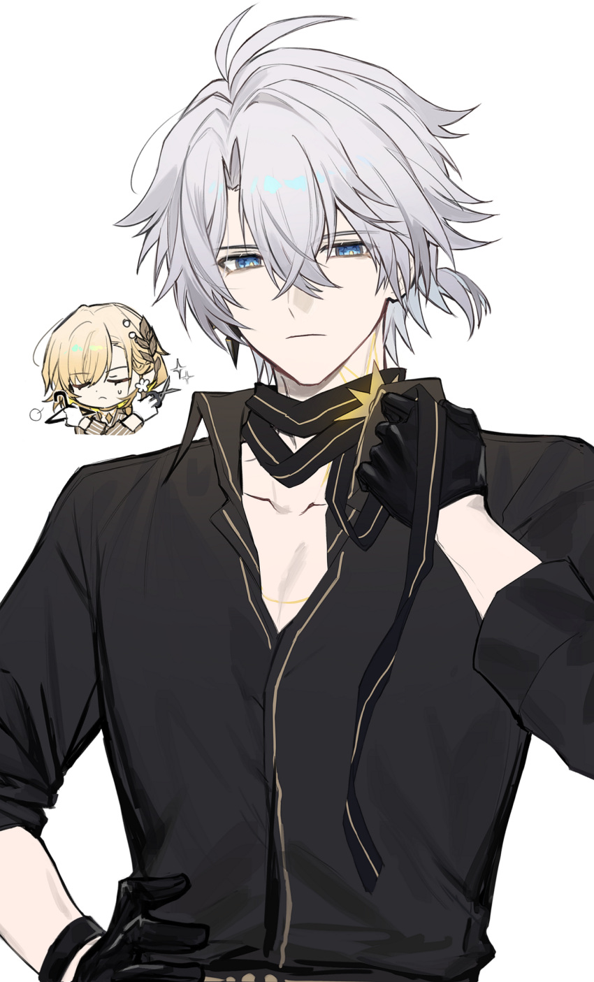 1boy, 1girl, aglaea_(fashion)_(honkai:_star_rail), aglaea_(honkai:_star_rail), antenna_hair, black_gloves, black_shirt, blue_eyes