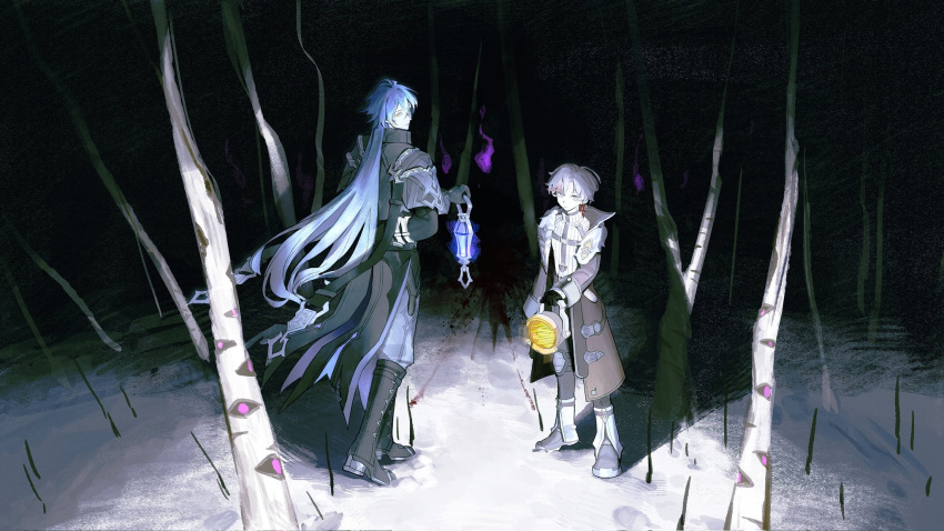 2boys, bare_tree, black_capelet, black_coat, black_pants, blue_hair, blue_pants, boots, capelet, chest_harness, coat, commentary_request, flins_(genshin_impact), full_body, genshin_impact, gradient_hair, harness, highres, holding, holding_lantern, illuga_(genshin_impact), lantern, long_hair, looking_at_viewer, male_focus, multicolored_hair, multiple_boys, night, outdoors, pants, parted_bangs, shirt, skyskywww, snow, standing, tree, turtleneck, very_long_hair, white_hair, white_shirt