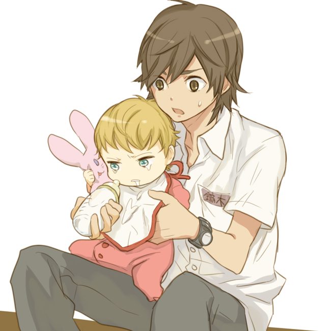 baby, baby_bottle, bad_id, barnaby_brooks_jr, bib, blonde_hair, blue_eyes, blue_hair