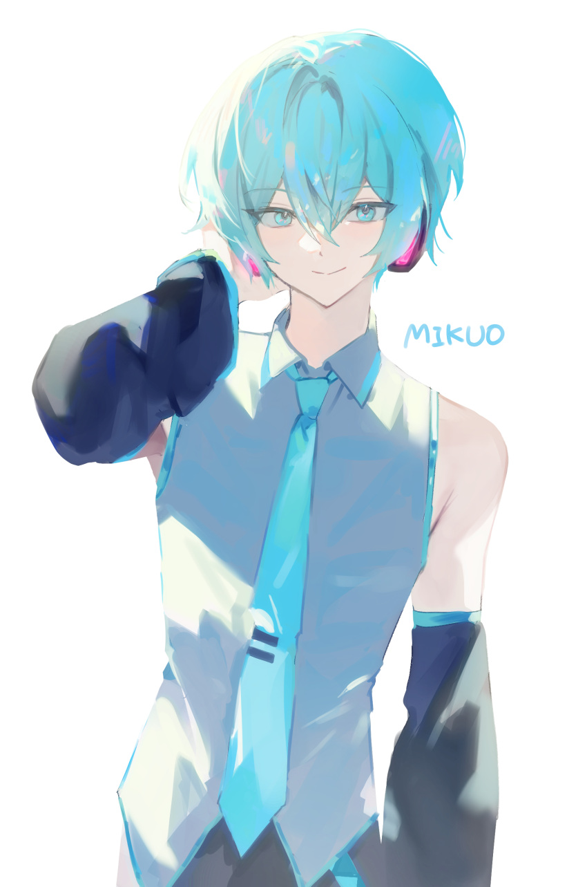 1boy, 7731nm, absurdres, arm_up, bare_shoulders, blue_necktie, character_name, closed_mouth