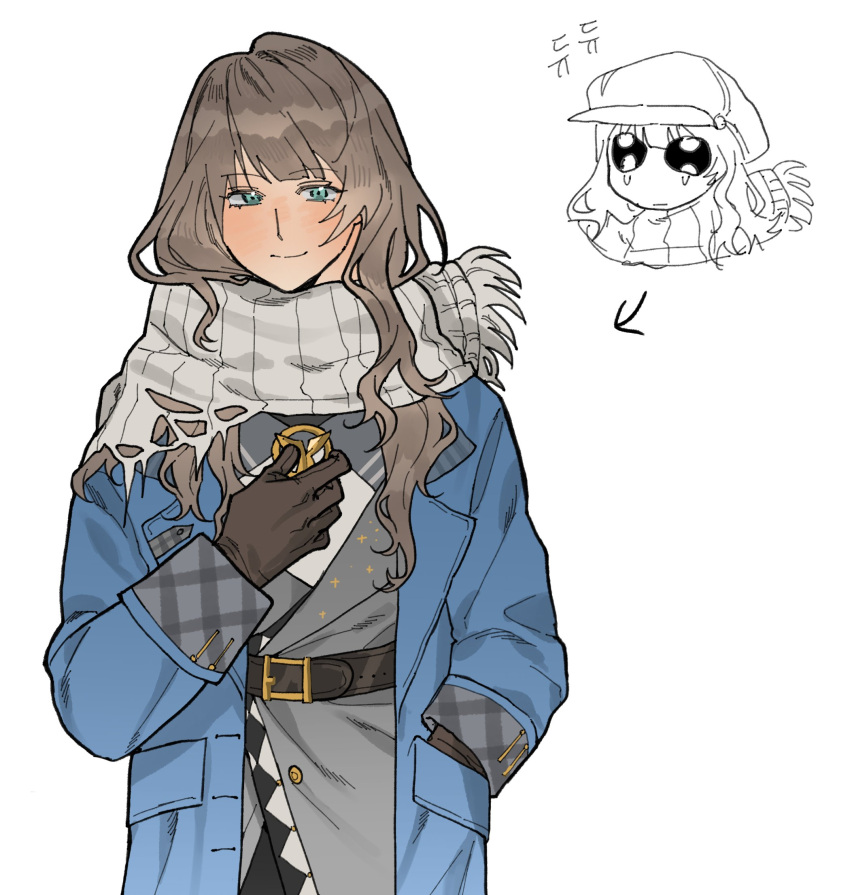 1girl, aged_up, arrow_(symbol), blue_coat, blue_eyes, brown_gloves, brown_hair, chibi