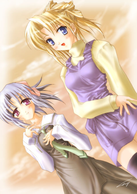 2girls, bad_id, black_dress, black_thighhighs, blonde_hair, blue_dress, blue_eyes, blue_hair