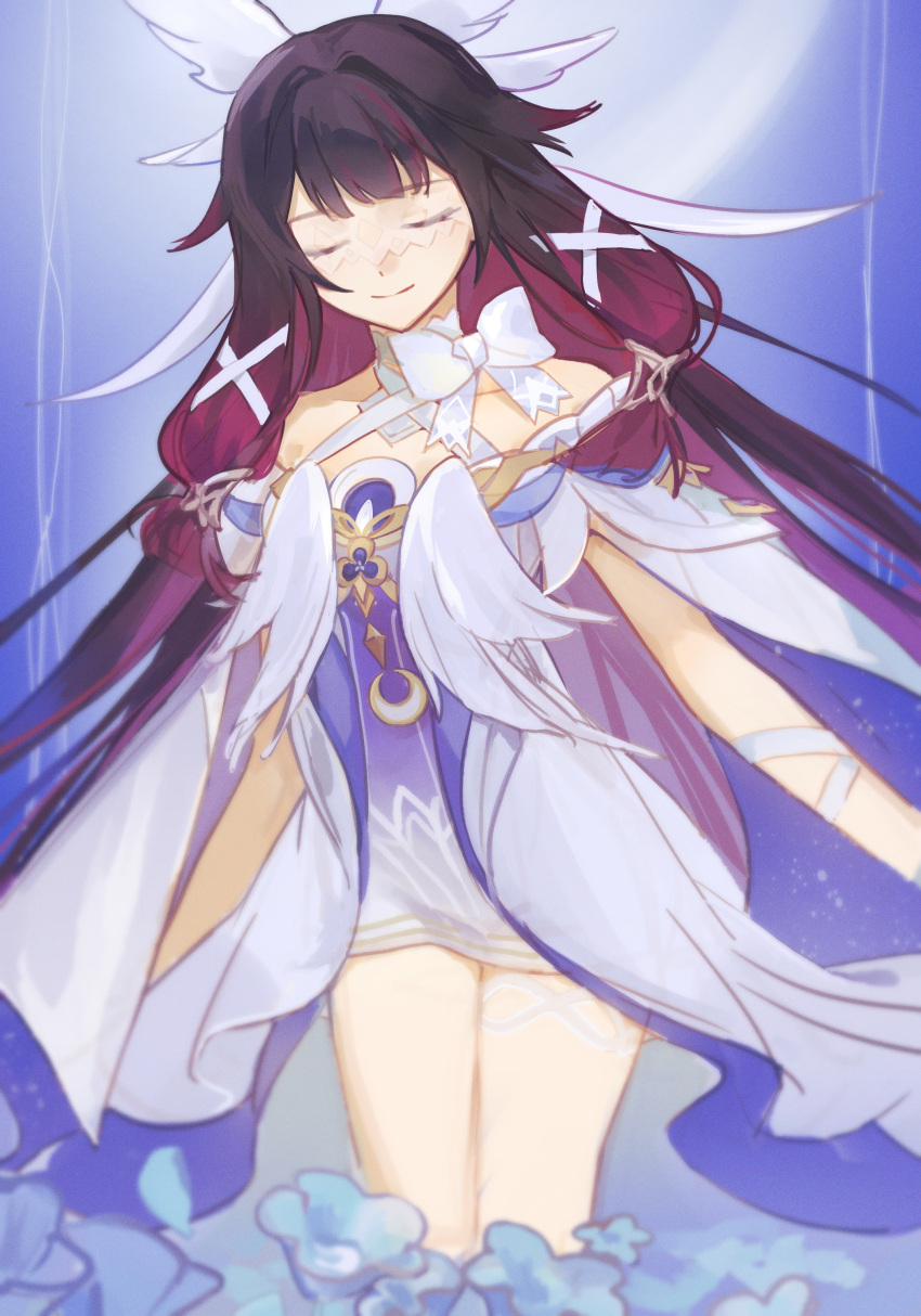 1girl, absurdres, arm_ribbon, bare_shoulders, black_hair, blue_flower, bow, closed_eyes