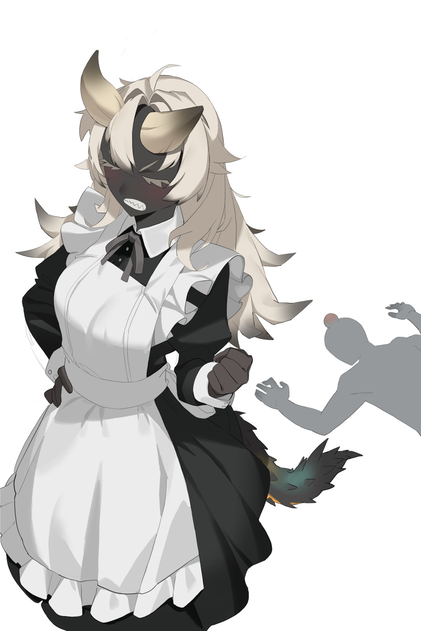 1girl, 1other, absurdres, angry, apron, black_dress, blush, clenched_hand, closed_eyes, collared_dress, commentary_request, dress, enmaided, frilled_apron, frills, hair_between_eyes, hand_on_own_hip, highres, hjjeon02, horns, humanization, long_hair, maid, maid_apron, monster_hunter_(series), nergigante, puffy_sleeves, sharp_teeth, simple_background, solo_focus, spiked_tail, tail, teeth, white_apron, white_background, white_hair, wrist_cuffs