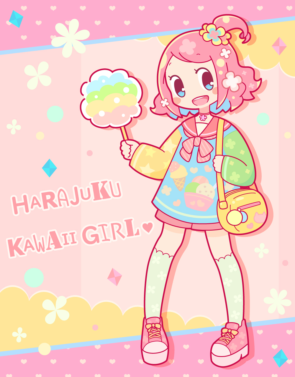 1girl, :d, abstract_background, bag, blue_eyes, blush_stickers, bow, bowtie