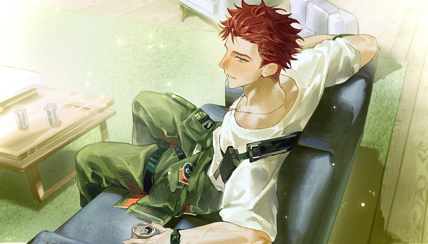 18trip, 1boy, blue_eyes, can, commentary, couch, green_pants, highres