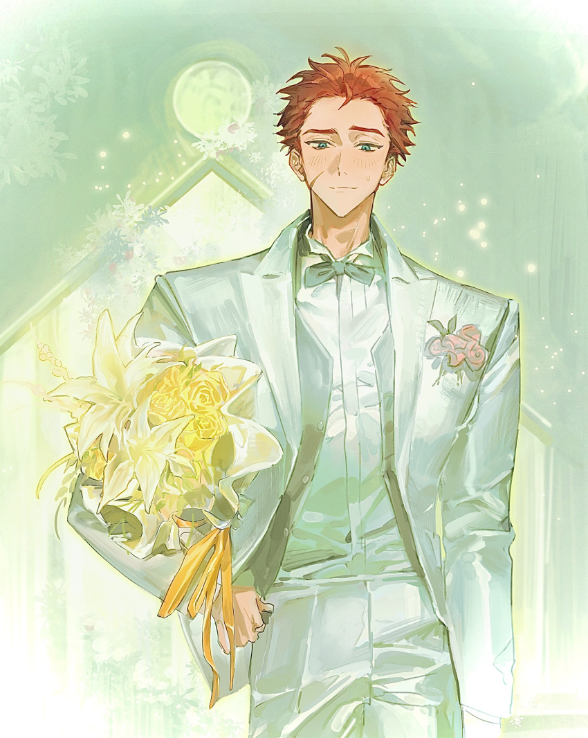 18trip, 1boy, absurdres, blue_eyes, blush, bouquet, brooch, closed_mouth