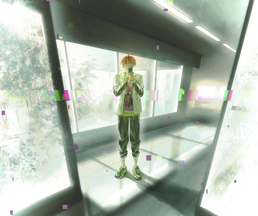 18trip, 1boy, absurdres, ahoge, camera, full_body, glitch, grey_pants
