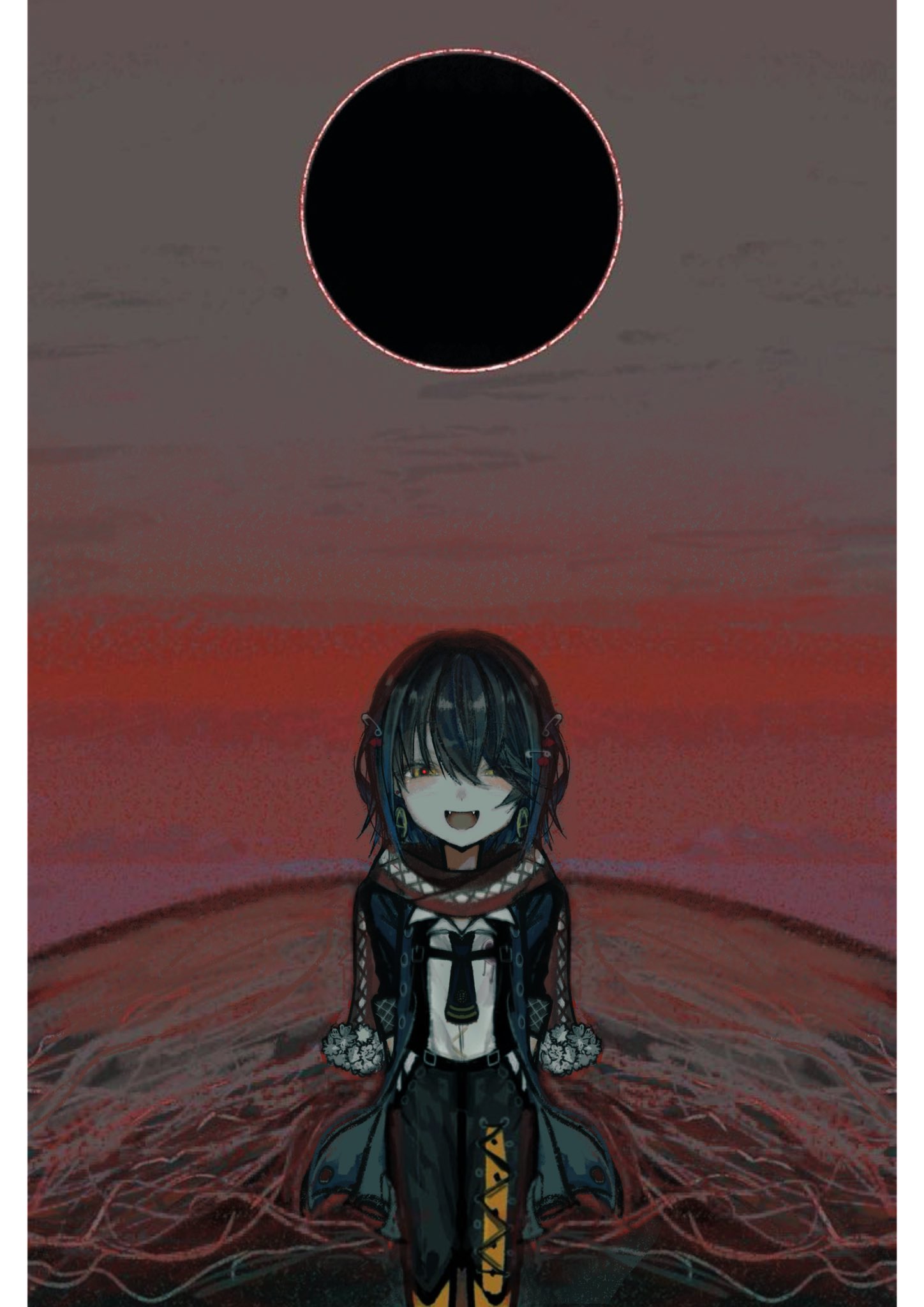 1boy, black_coat, black_necktie, black_pants, black_sun, border, coat, commentary