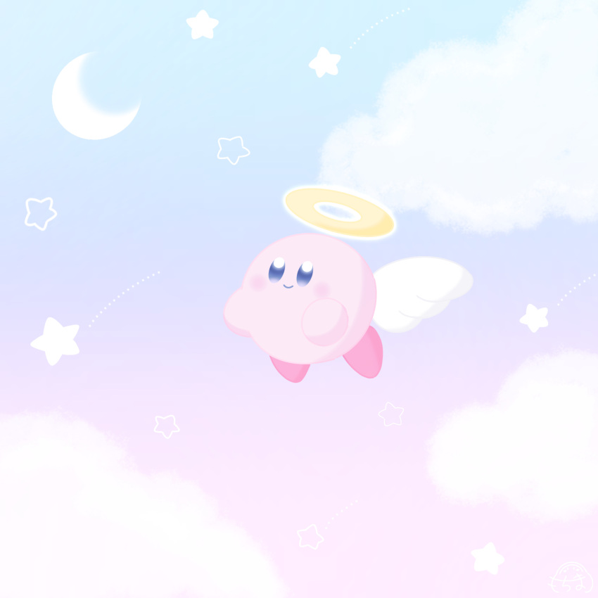 angel_wings, blue_eyes, blue_sky, clouds, commentary_request, crescent_moon, flying, full_body