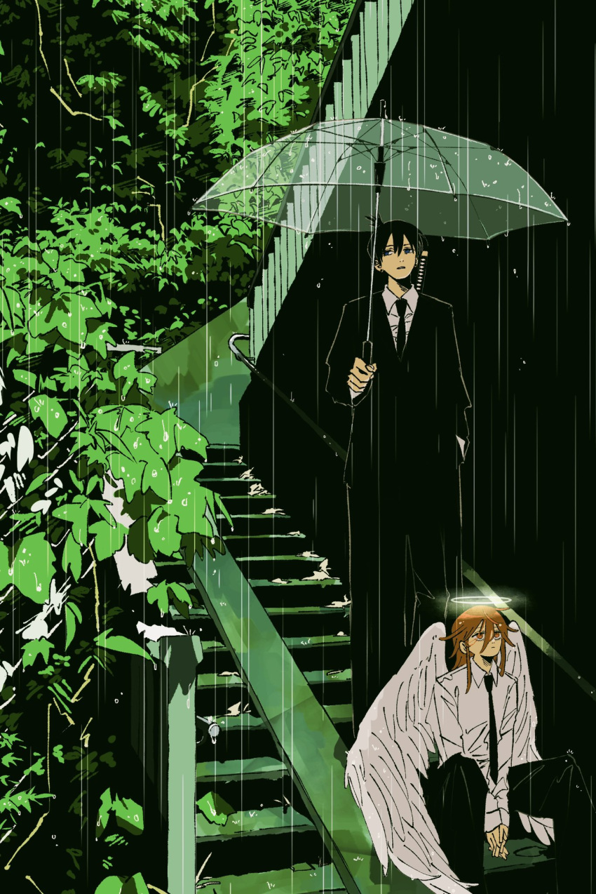 2boys, angel_devil_(chainsaw_man), angel_wings, arms_between_legs, black_hair, black_jacket, black_necktie, black_pants
