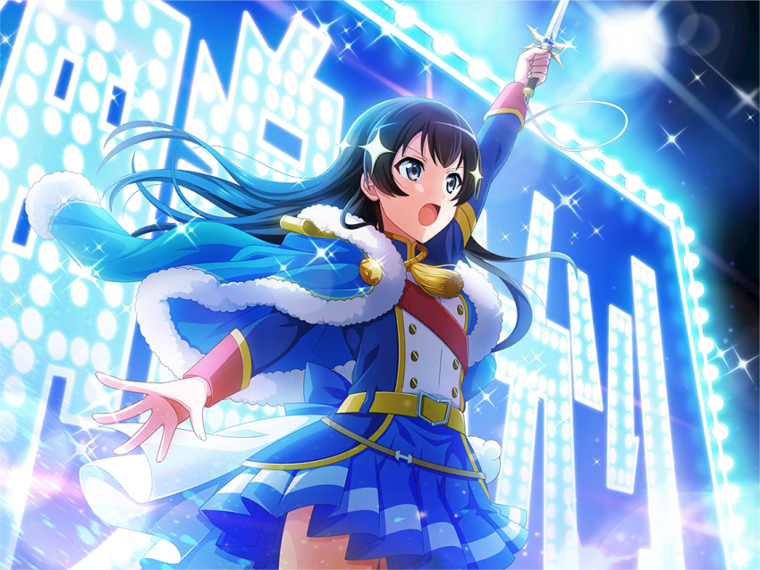 1girl, arm_up, belt, black_hair, blossom_bright_(dagger), blue_eyes, blue_jacket, blue_skirt