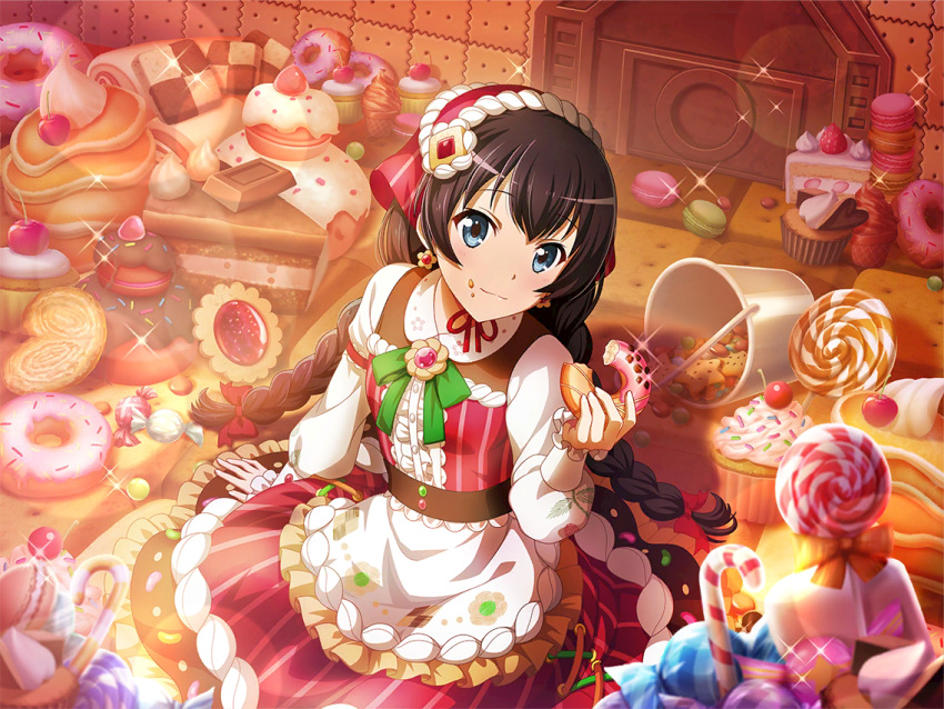 1girl, black_hair, blue_eyes, braid, cake, candy, closed_mouth, cosplay