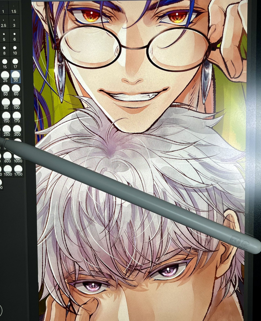 2boys, adjusting_eyewear, archer_(fate), art_program_in_frame, black-framed_eyewear, blue_hair, commentary_request, cu_chulainn_(fate)