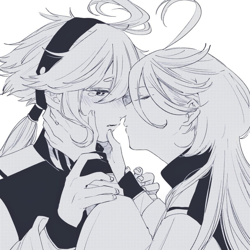 2girls, asticassia_school_uniform, closed_eyes, greyscale, gundam, gundam_suisei_no_majo, hairband, hand_on_another's_face