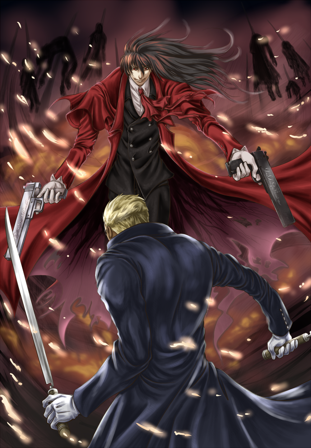 alexander_anderson, alucard_(hellsing), bayonet, black_hair, blond_hair, blonde_hair, dual_wielding, fire
