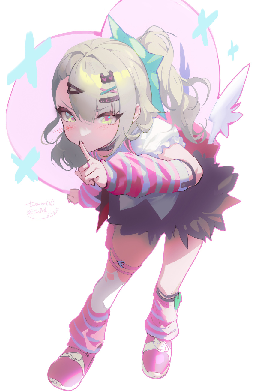 1girl, absurdres, arm_warmers, bandaid, bandaid_hair_ornament, black_skirt, blush, collar
