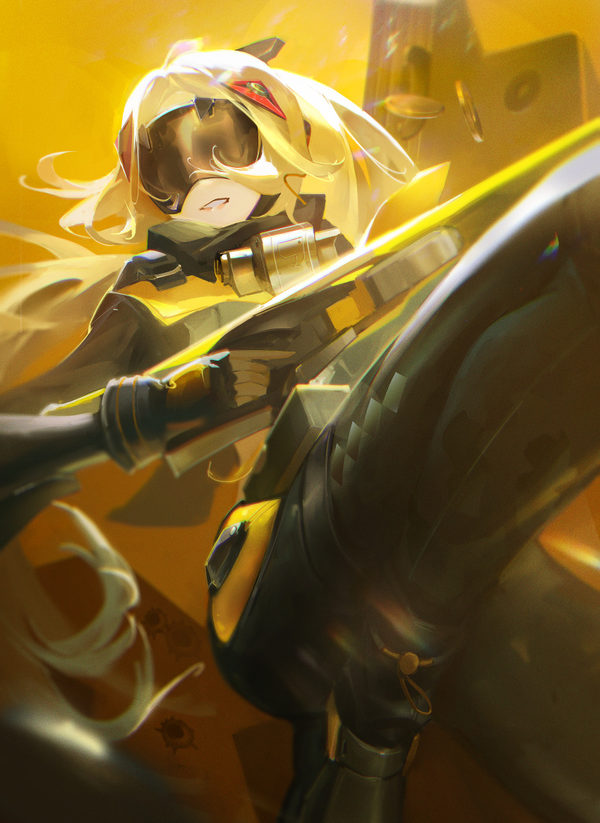 1girl, absurdres, black_gloves, black_pants, blindfold_mask, blonde_hair, breasts, camouflage