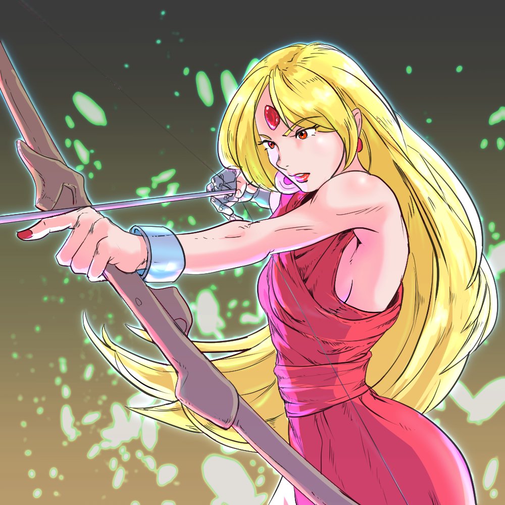 1girl, bb9_megadrive, blonde_hair, bow_(weapon), breasts, commentary_request, dress, earrings