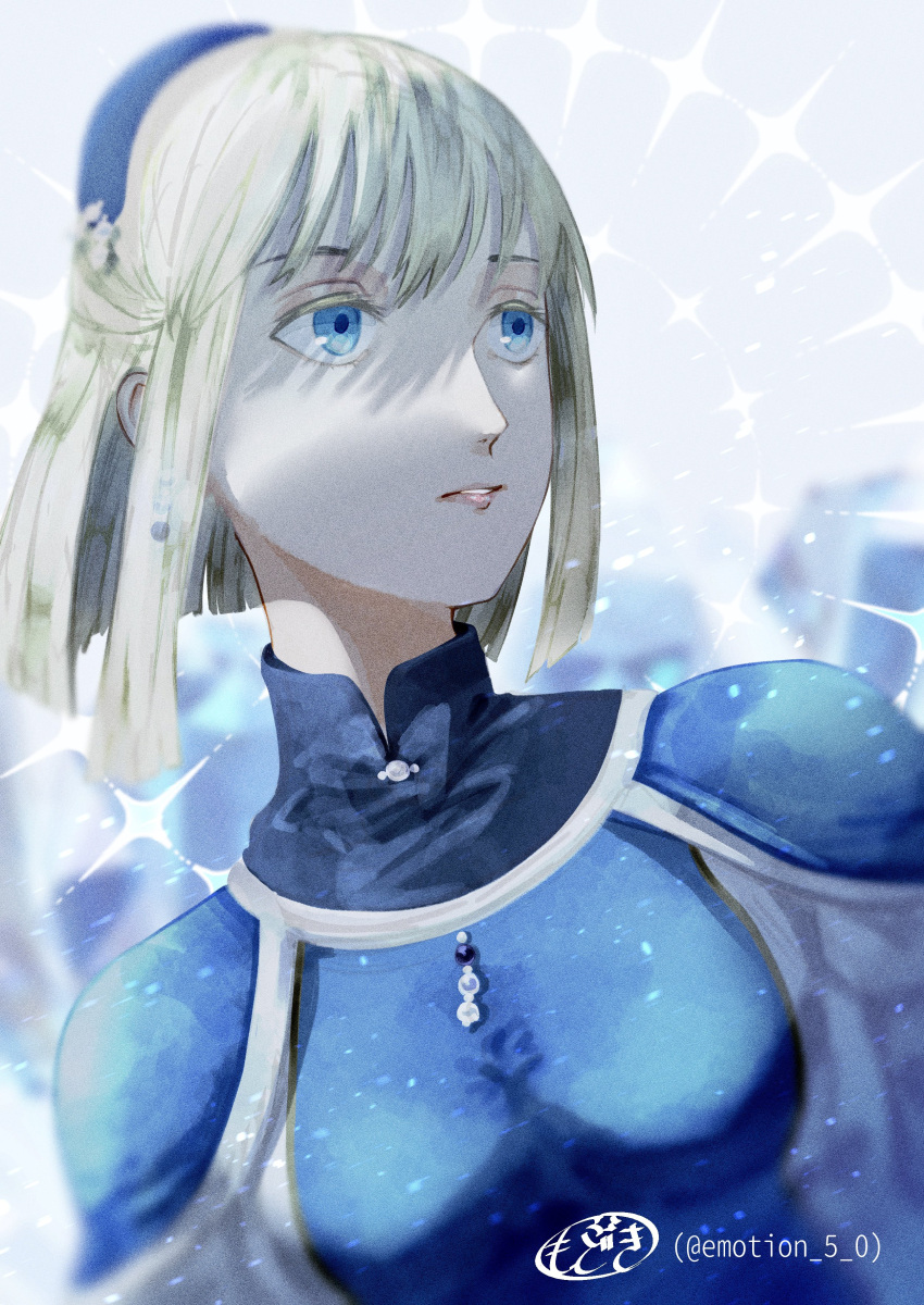 1girl, absurdres, blonde_hair, blue_eyes, commentary_request, gensou_suikoden, gensou_suikoden_iii, half_updo