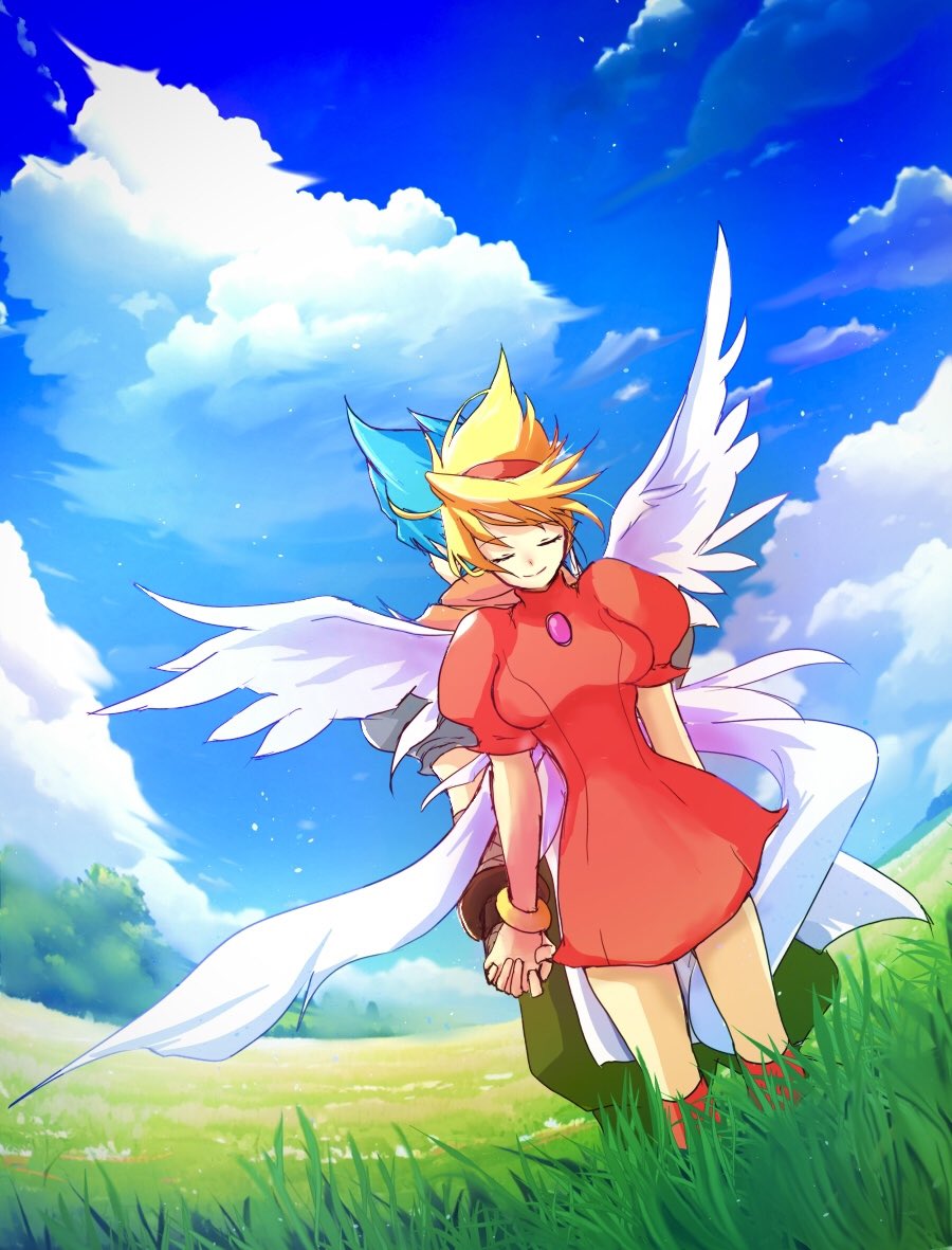 1boy, 1girl, angel_wings, blonde_hair, bracelet, breath_of_fire, breath_of_fire_iii, closed_mouth