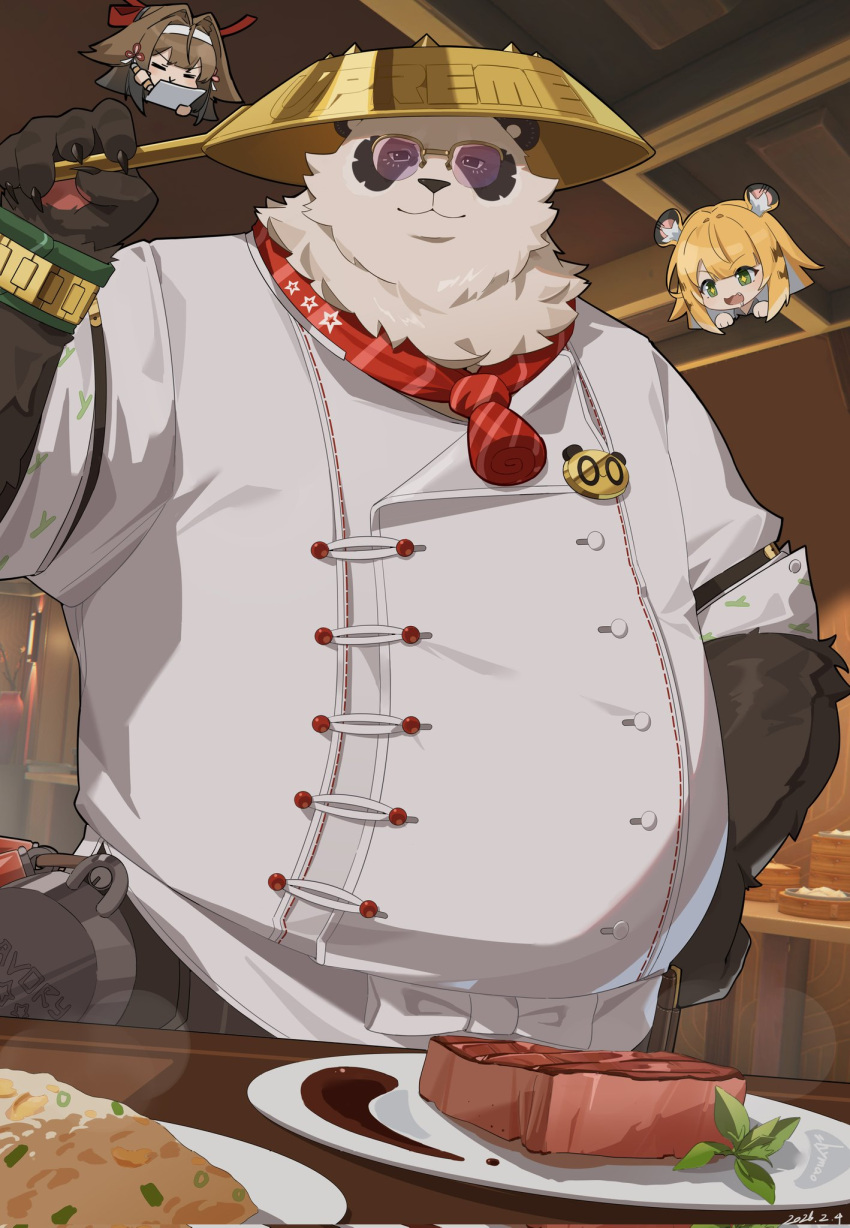 1boy, 2girls, animal_ears, chibi, closed_mouth, food, furry, furry_male
