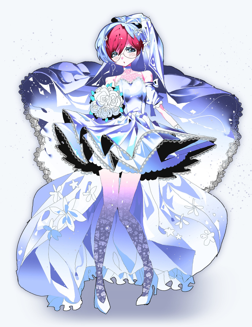 1girl, :o, absurdres, alternate_costume, blue_eyes, blue_hair, blush, bouquet