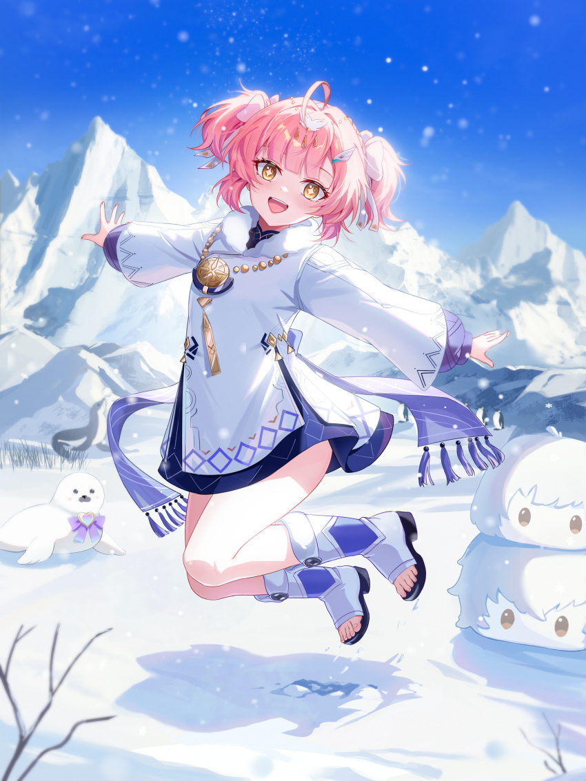 1girl, absurdres, aemeath_(wuthering_waves), aemeath_(young)_(wuthering_waves), ahoge, blue_sky, boots, character_snowman