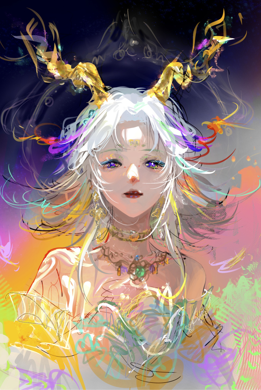 1girl, absurdres, antlers, aqua_eyeliner, bare_shoulders, black_background, chinese_clothes, chinese_commentary