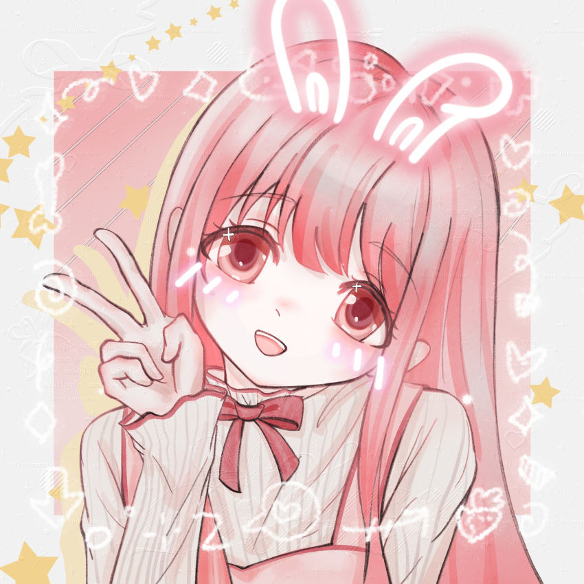 1girl, animal_ears, arrow_(symbol), bloom_poetry_(shining_nikki), border, bow, bowtie, brown_eyes