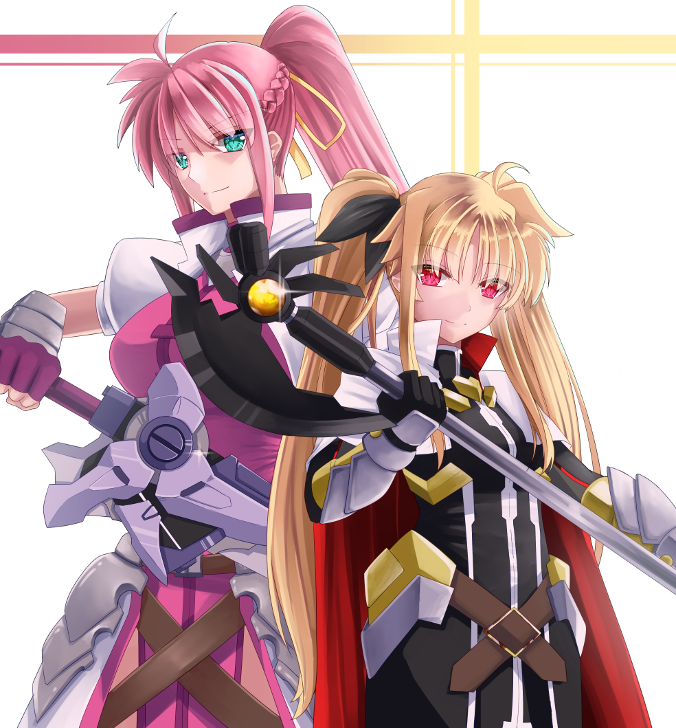 2girls, ahoge, arm_guards, armor, bardiche_(nanoha), black_gloves, breasts, cape