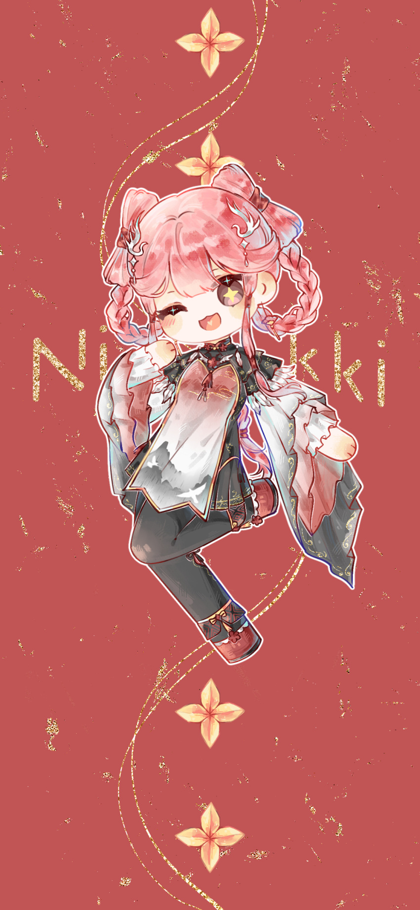 1girl, absurdres, black_dress, black_pantyhose, bling_(infinity_nikki), blunt_bangs, boots, bow-shaped_hair