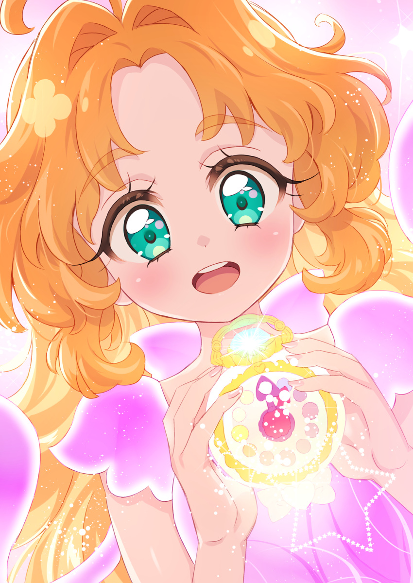 1girl, ahoge, akechi_anna, commentary, dutch_angle, glowing_clothes, hair_intakes, henshin, highres, holding, jewel_cure_watch, long_hair, looking_at_viewer, meitantei_precure!, mini_koala, open_mouth, orange_hair, pink_shirt, precure, shirt, smile, solo, sparkle, star_(symbol)