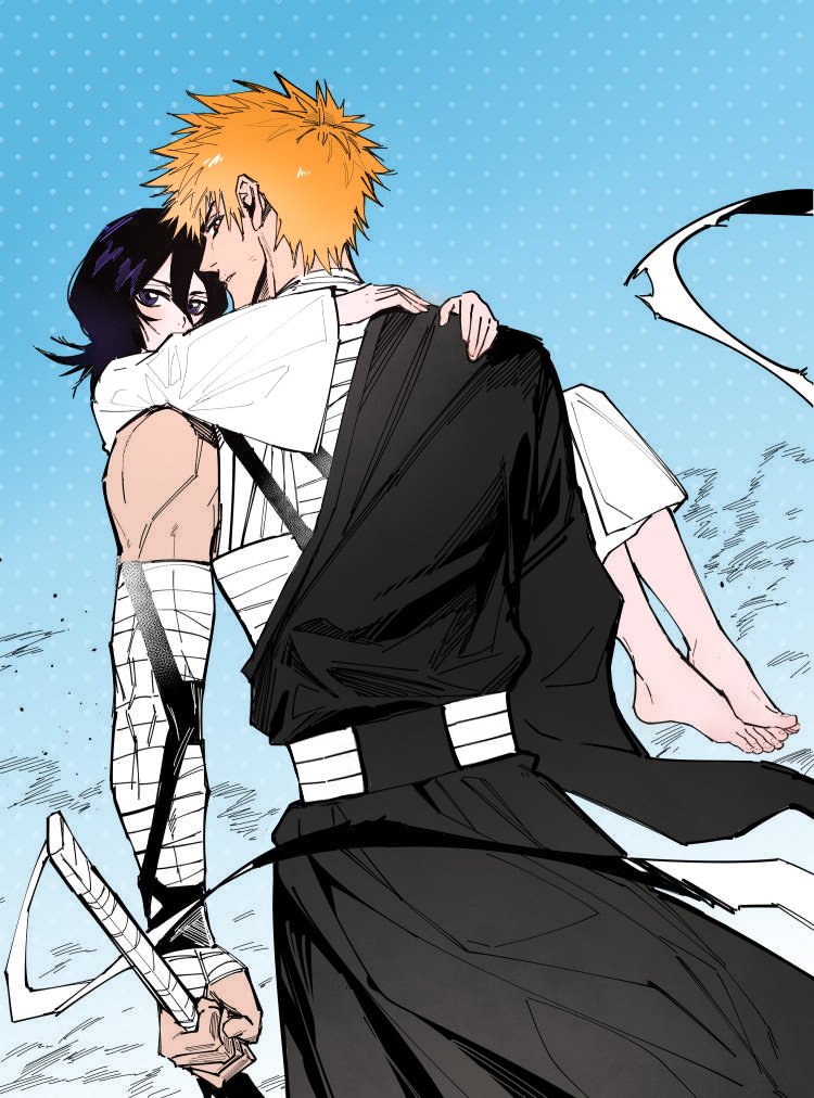 1boy, 1girl, bandaged_arm, bandages, barefoot, black_hair, bleach, carrying, carrying_person, commentary, english_commentary, from_behind, holding, holding_sword, holding_weapon, kuchiki_rukia, kurosaki_ichigo, looking_back, orange_eyes, orange_hair, robe, silegesi, sword, toned, toned_male, violet_eyes, weapon, white_robe, wide_sleeves, zangetsu_(shikai)