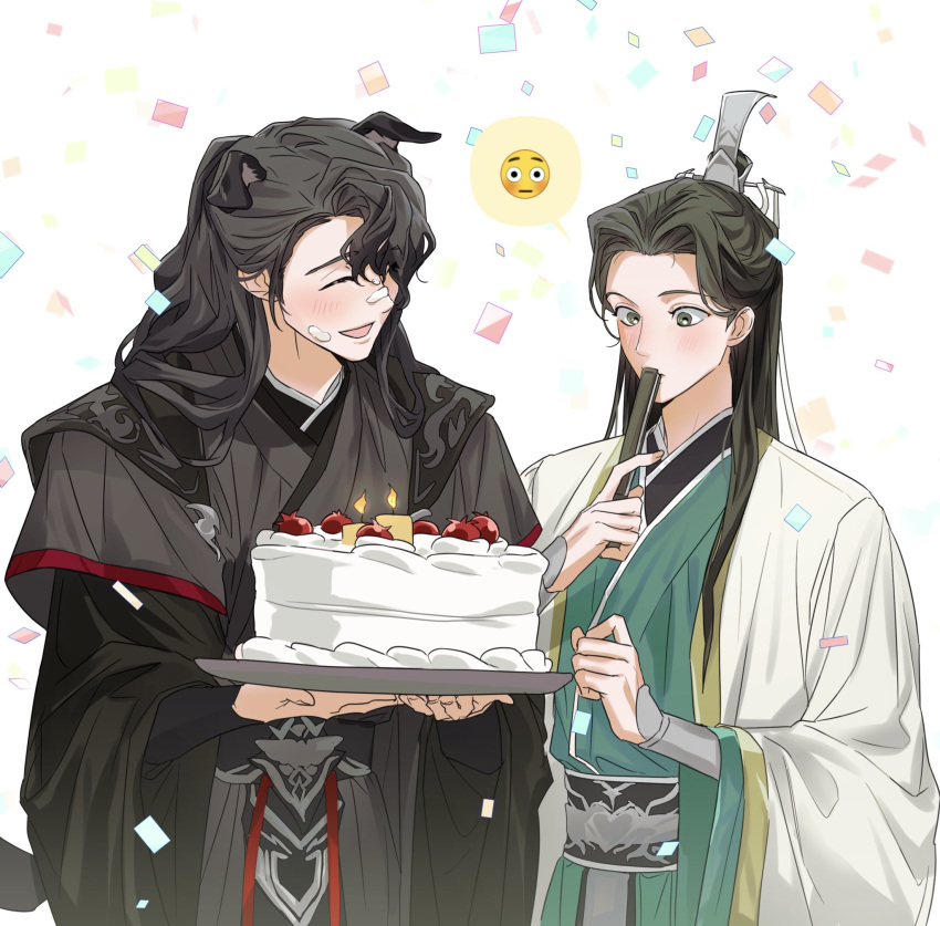 2boys, :d, animal_ears, asymmetrical_bangs, birthday_cake, black_hair, black_hanfu, blush