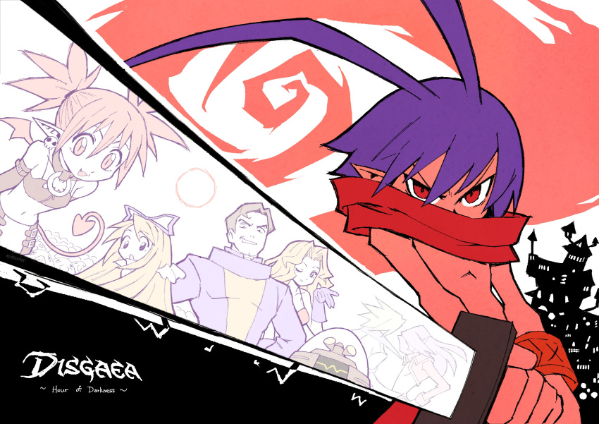 2026, 2boys, 3girls, absurdres, demon_boy, demon_girl, demon_tail, disgaea