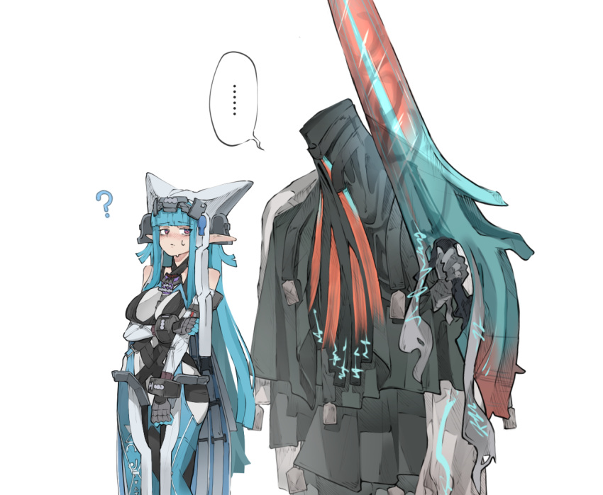 1girl, 1other, arknights, arknights:_endfield, arm_under_breasts, bare_shoulders, blue_hair, blunt_bangs