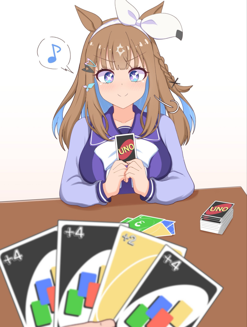1girl, almond_eye_(umamusume), blue_eyes, blush, brown_hair, card, closed_mouth, collarbone, commentary_request, hair_between_eyes, hair_ornament, highres, long_hair, meme, multicolored_hair, musical_note, okomesuihanki, playing_card, pov, pov_hands, ribbon, school_uniform, smile, spoken_musical_note, table, tracen_school_uniform, two-tone_hair, umamusume, uno_(game), white_background