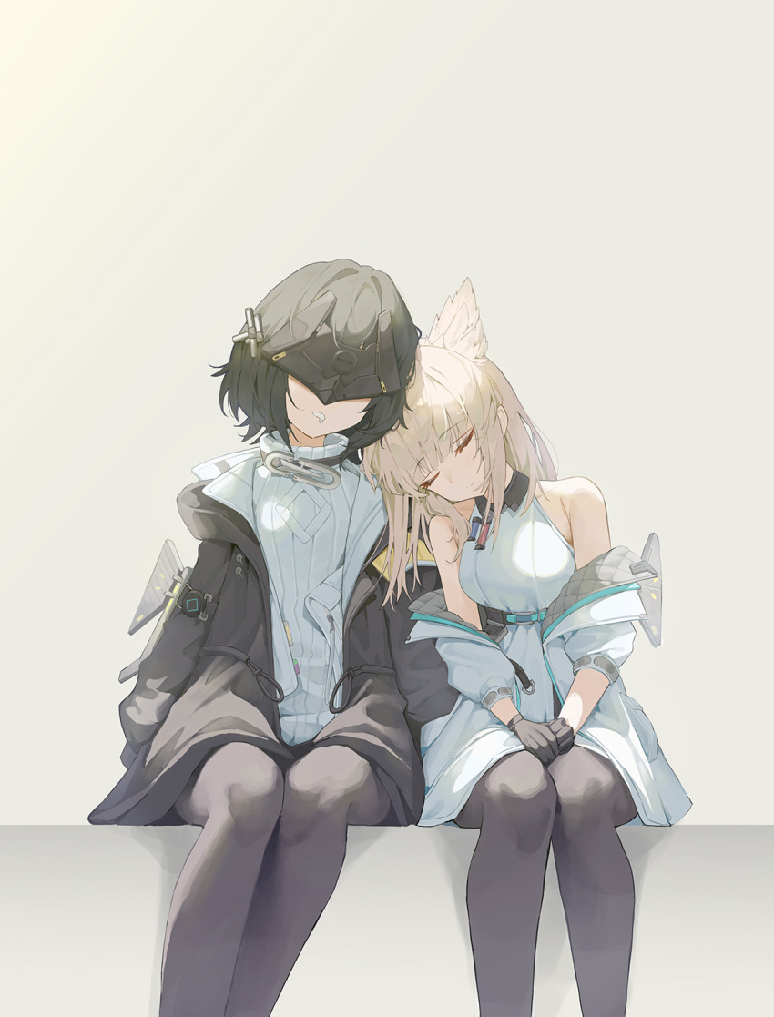 2girls, arknights, arknights:_endfield, black_coat, black_hair, black_mask, black_pantyhose, blindfold_mask