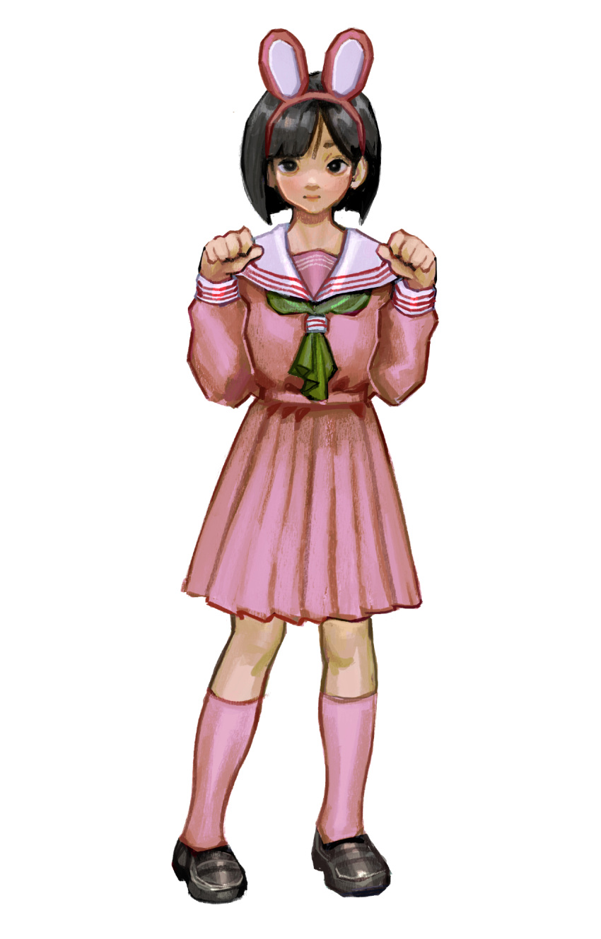 1girl, animal_ears, black_shoes, fake_animal_ears, green_neckerchief, highres, meltted, neckerchief