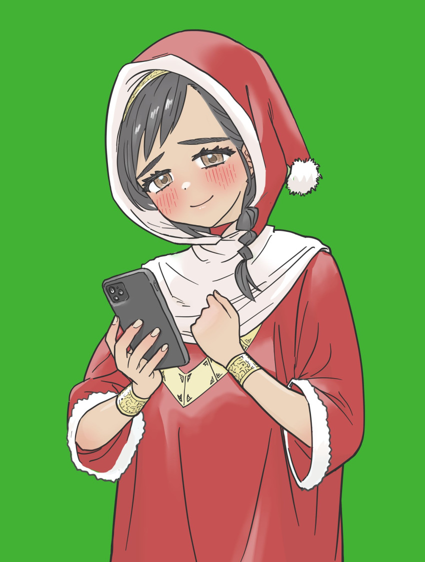1girl, black_hair, bracelet, brown_eyes, cellphone, commentary_request, dark-skinned_female, dark_skin